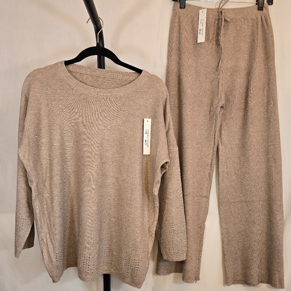 Beige Soft Rib Knit with Rhinestones Pantsuit